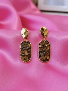Tiger Eye Drop Earrings‎ - Natural Stone - Brown Zircon Women Jewelry
